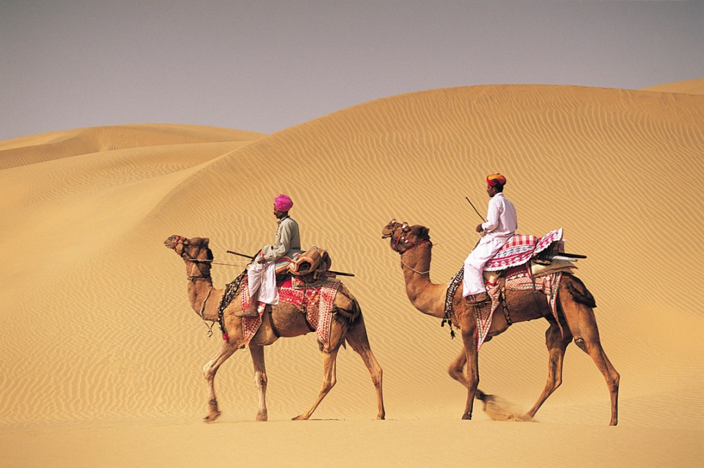 Two men on the camel back in desert, Jaiselmer
